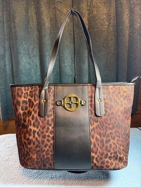 IMAN Brown and Black Leopard-Print Tote with Gold Accent